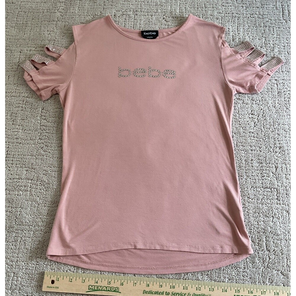 Bebe Misty Rose Pink Rhinestone Embellished Logo Cutout Sleeve Jersey Tee Size M